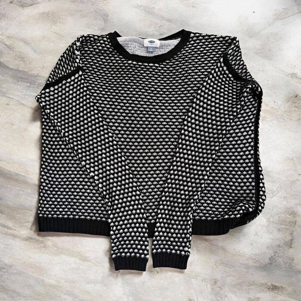 Old Navy Women's Black/White Knit Geometric Crewneck Pullover Sweater L